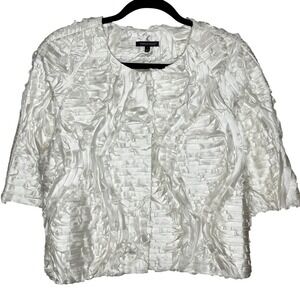 Samuel Dong White Textured Ribbon Shrug Jacket 3/4 Sleeve Snap Front Large
